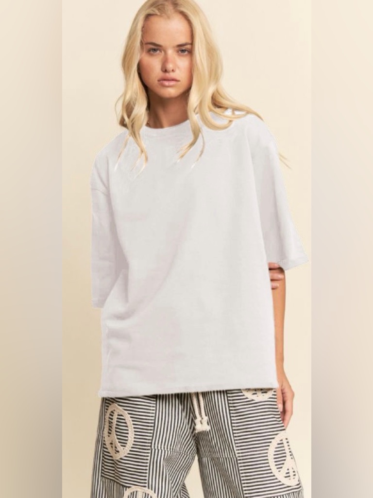 Davi & Dani White Oversized Short Drop Shoulder Sleeve Crew Tee